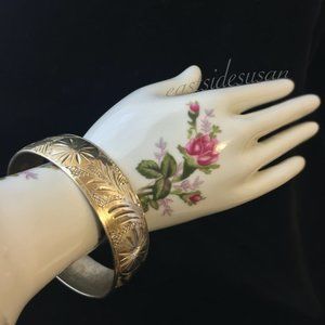 VTG Silver + Brass BANGLE BRACELET from India w Floral and Leaf Design